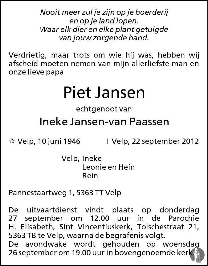 Piet Jansen 22-09-2012 overlijdensbericht en condoleances - Mensenlinq.nl