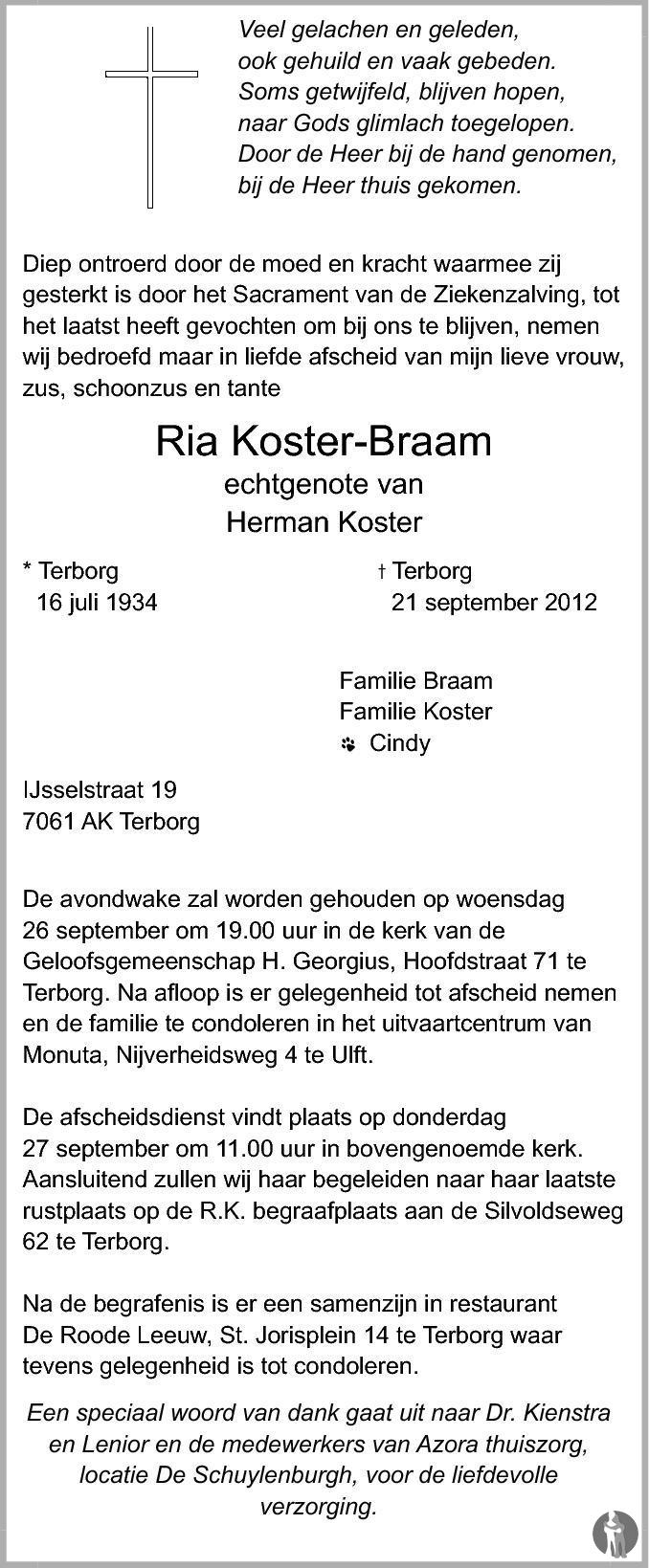 Koster Ria Ria Koster - Braam 21-09-2012 overlijdensbericht en condoleances ...