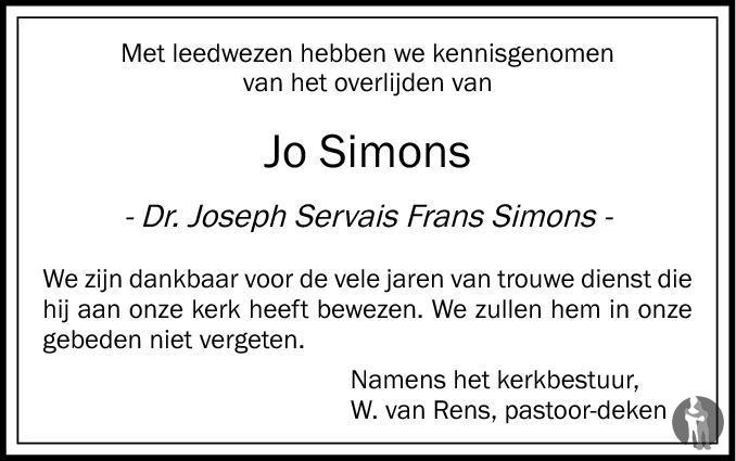 Dr. Joseph Servais Frans (Jo) Simons 24092012 overlijdensbericht en