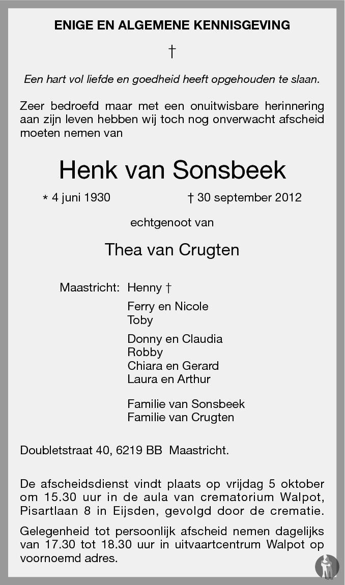 Henk van Sonsbeek 30-09-2012 overlijdensbericht en condoleances ...