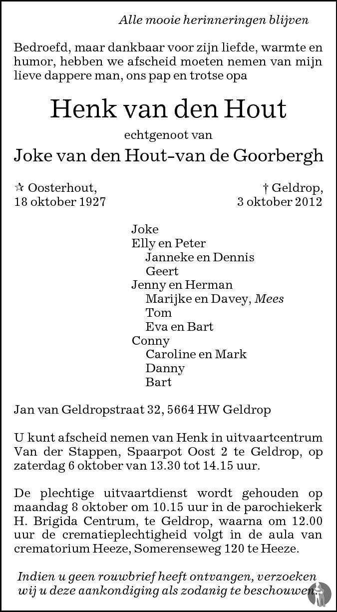 Henk van den Hout 03102012 overlijdensbericht en condoleances