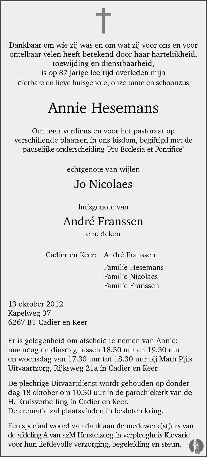 Annie Nicolaes - Hesemans 13-10-2012 overlijdensbericht en condoleances ...