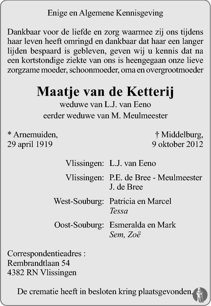 Maatje Eeno van de Ketterij 09102012 overlijdensbericht en