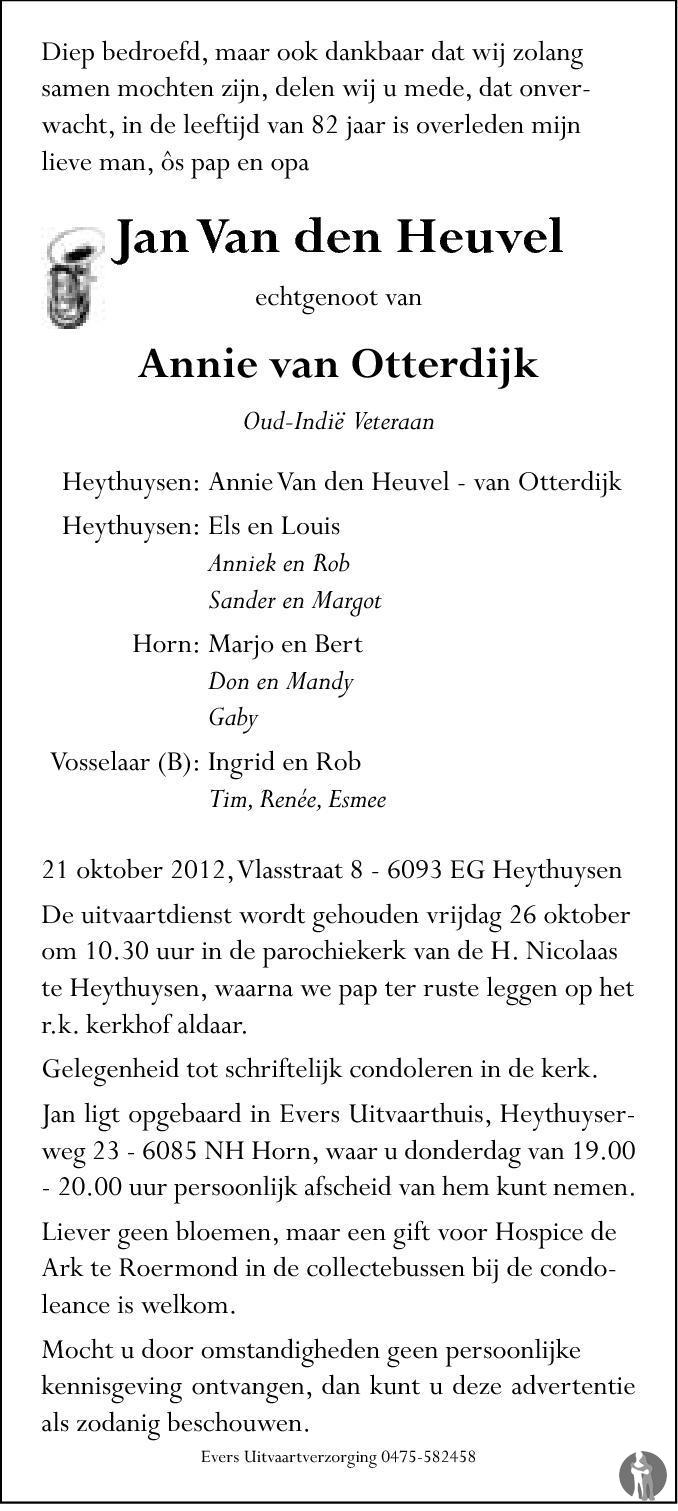 Jan Van den Heuvel 21102012 overlijdensbericht en condoleances Mensenlinq.nl