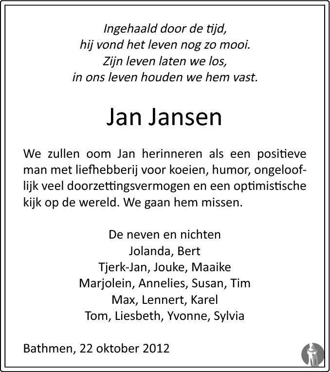 Jan Gerrit Jansen 22-10-2012 overlijdensbericht en condoleances ...