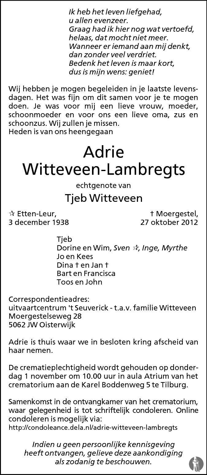 Overlijdensbericht van Adrie Witteveen - Lambregts in Brabants Dagblad