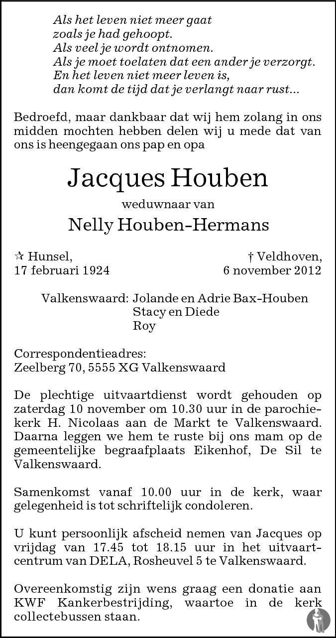 Jacques Houben 06112012 overlijdensbericht en condoleances