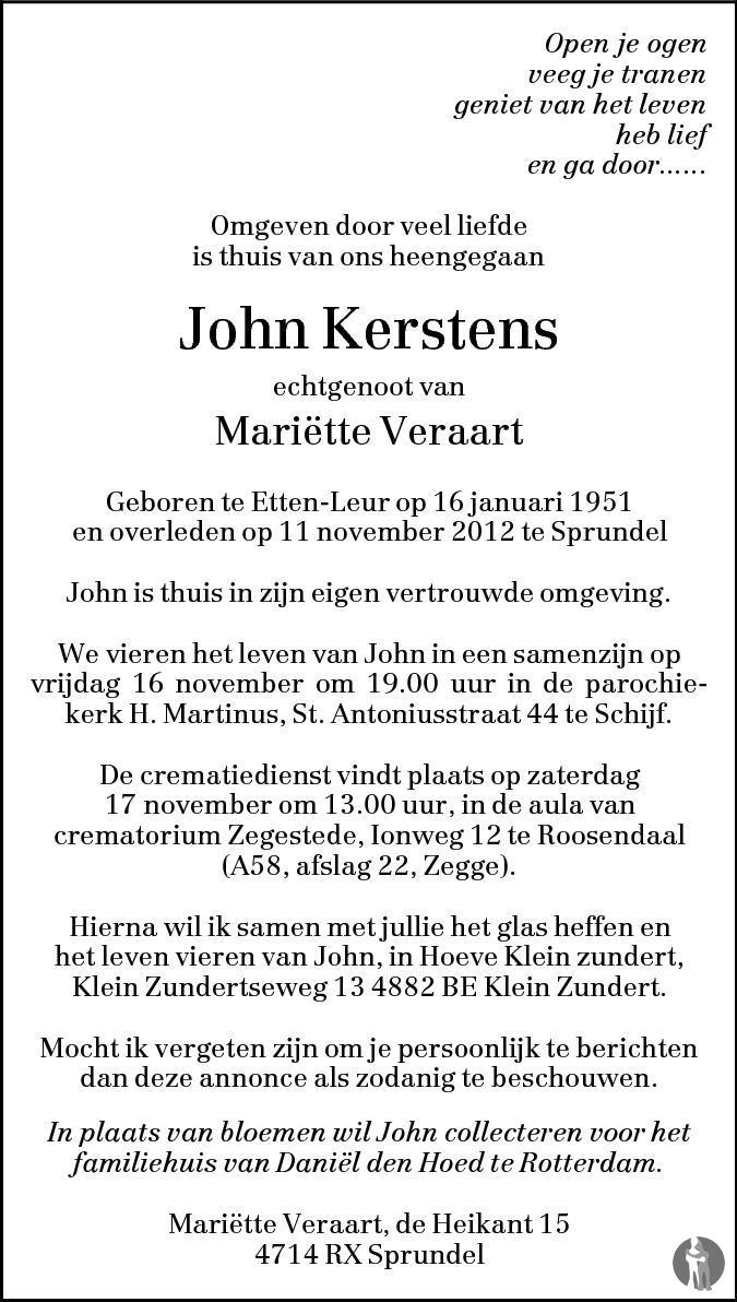 John Kerstens 11-11-2012 overlijdensbericht en condoleances - Mensenlinq.nl