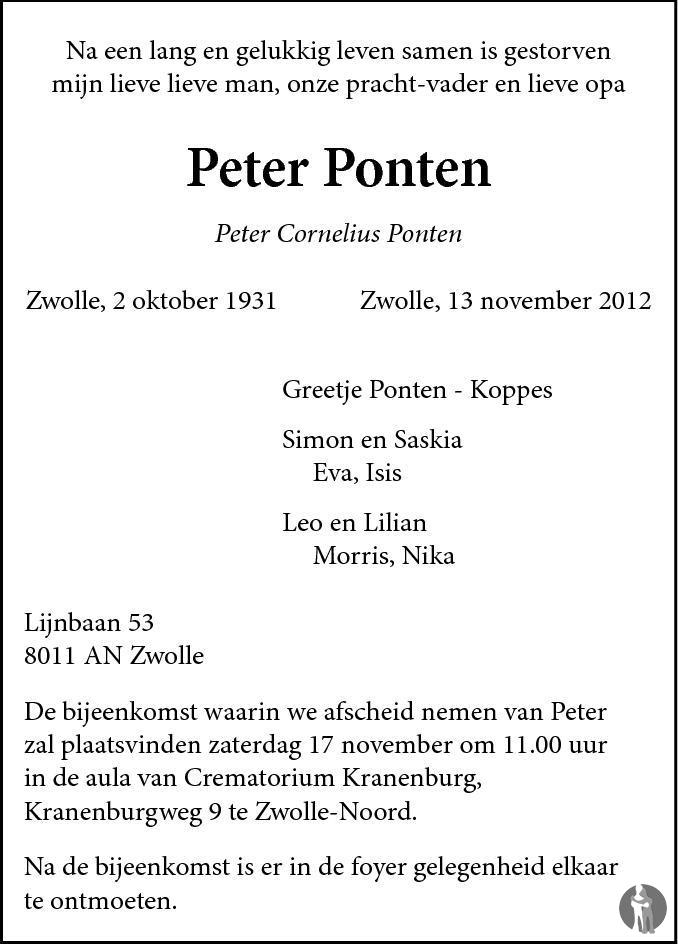 Peter Cornelius (Peter) Ponten 13112012 overlijdensbericht en condoleances Mensenlinq.nl Peter Cornelius (Peter) Ponten 13112012 overlijdensbericht en condoleances Mensenlinq.nl