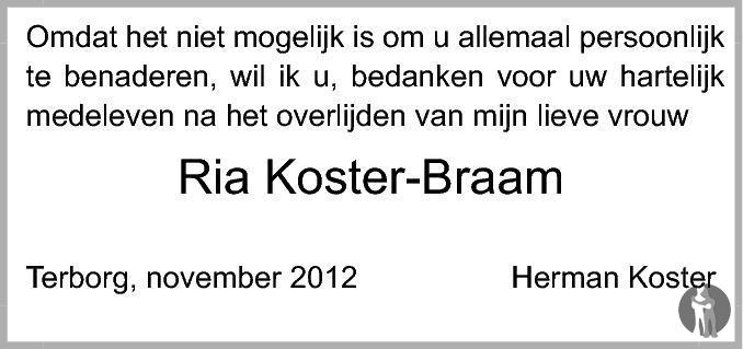 Koster Ria Ria Koster - Braam 21-09-2012 overlijdensbericht en condoleances ...