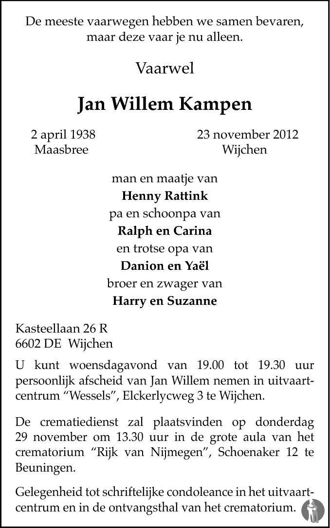 Jan Willem Kampen 23-11-2012 overlijdensbericht en condoleances ...