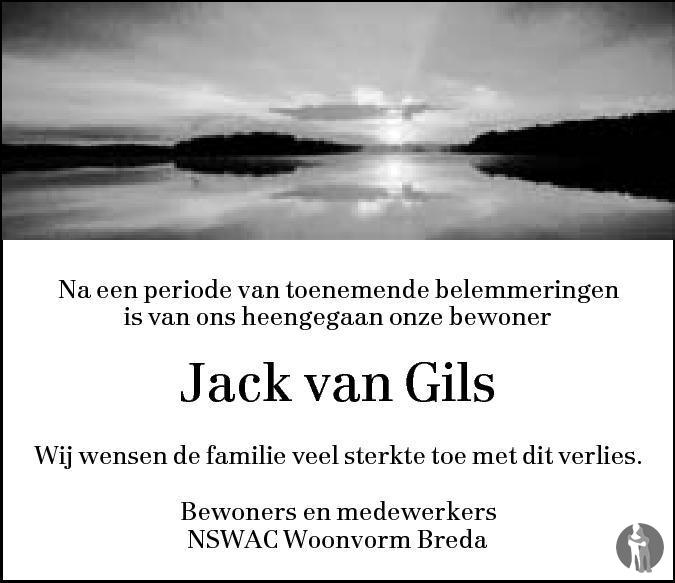 Boven hoofd en schouder De databank Extractie Jack van Gils ✝ 29-11-2012 overlijdensbericht en condoleances -  Mensenlinq.nl