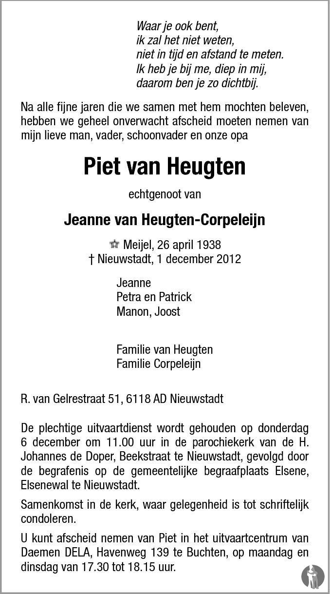 Piet van Heugten 01-12-2012 overlijdensbericht en condoleances ...