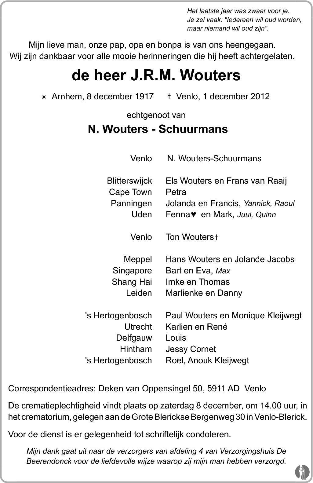 J.R.M. Wouters 01-12-2012 overlijdensbericht en condoleances ...