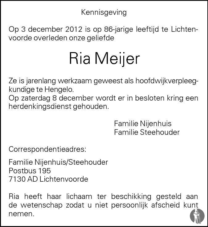 Ria Meijer 03122012 overlijdensbericht en condoleances Mensenlinq.nl