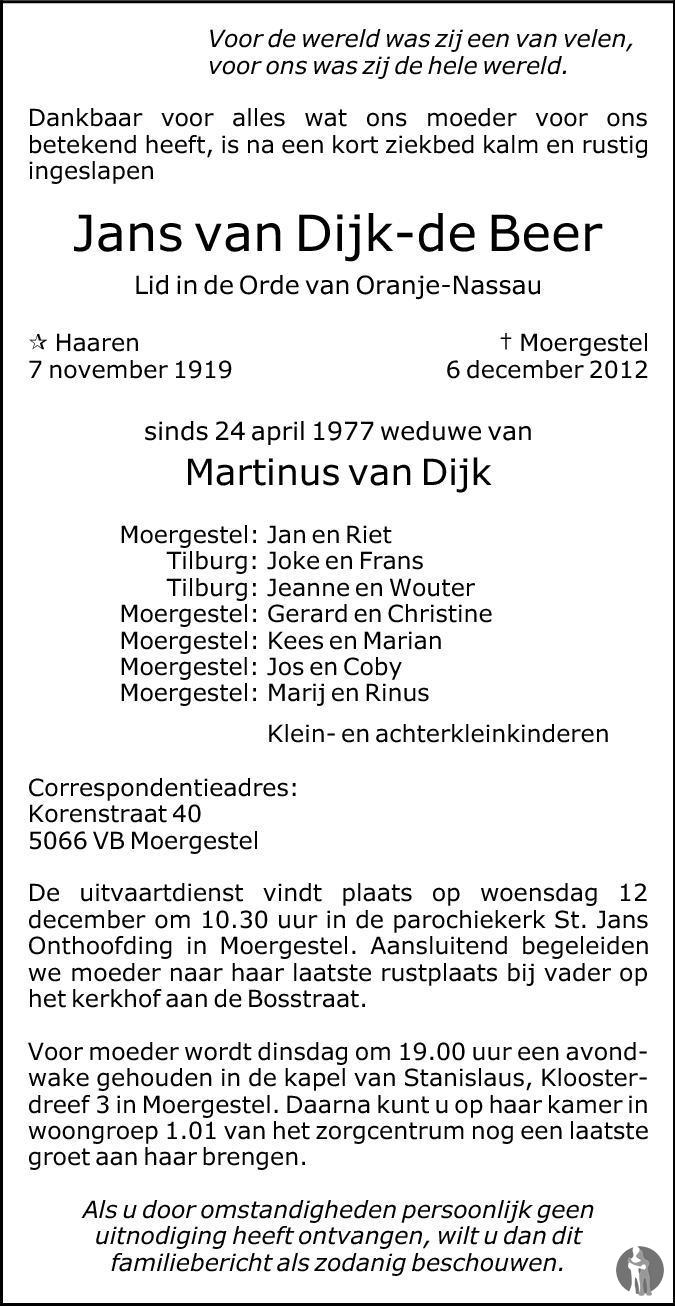 Overlijdensbericht van Jans van Dijk - de Beer in Brabants Dagblad