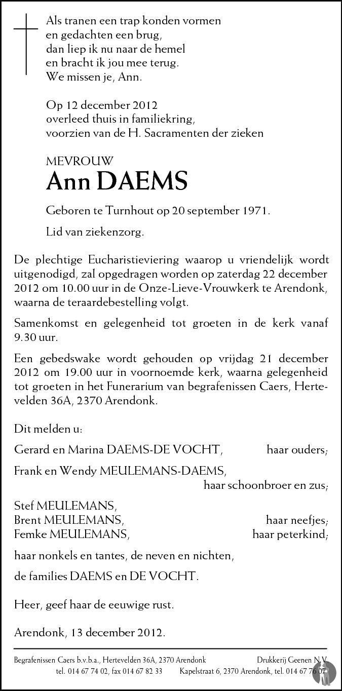 Overlijdensbericht van Ann Daems in Brabants Dagblad