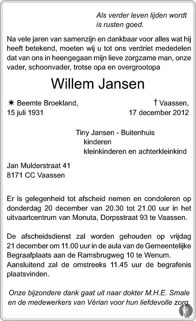 Willem Jansen 17-12-2012 overlijdensbericht en condoleances - Mensenlinq.nl