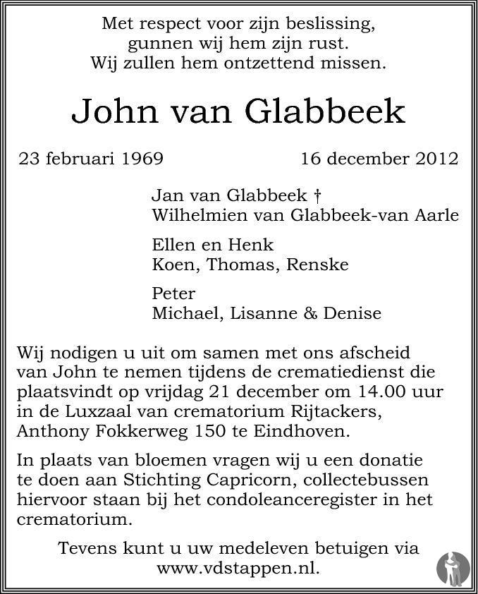 John van Glabbeek 16-12-2012 overlijdensbericht en condoleances ...