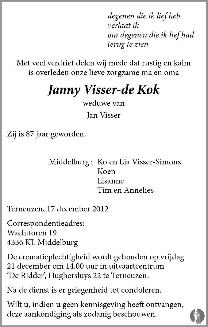 Janny Visser - de Kok 17-12-2012 overlijdensbericht en condoleances ...