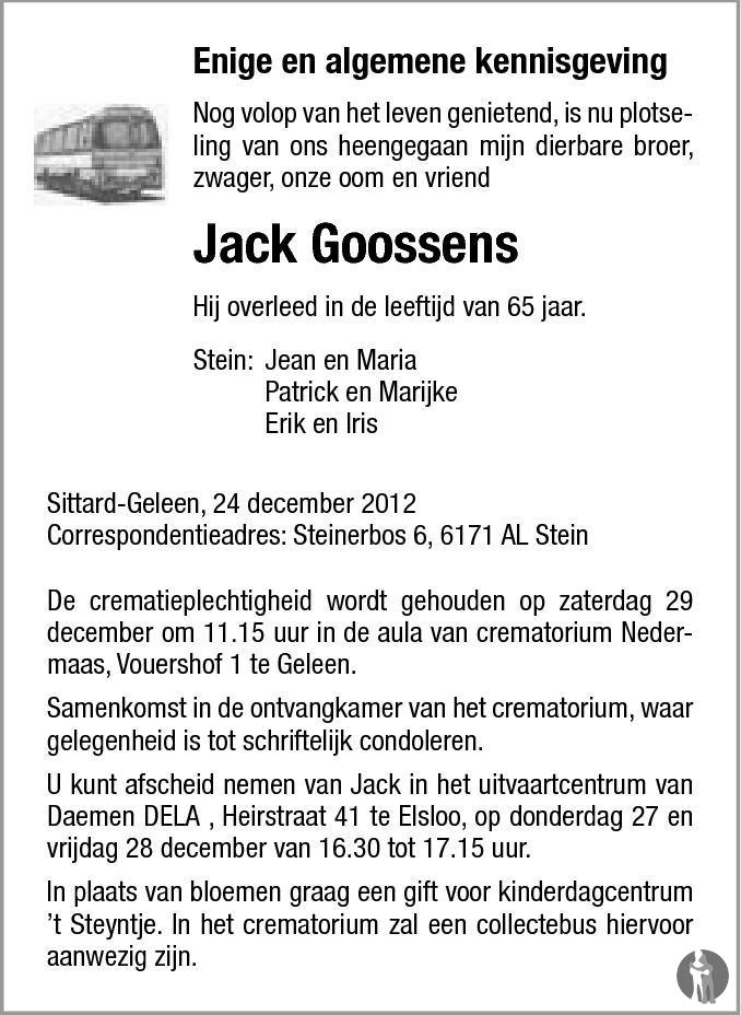 Jack Goossens ✝ 24-12-2012 en condoleances