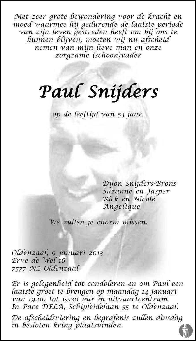 Paul Snijders ✝ 09-01-2013 en condoleances - Mensenlinq.nl