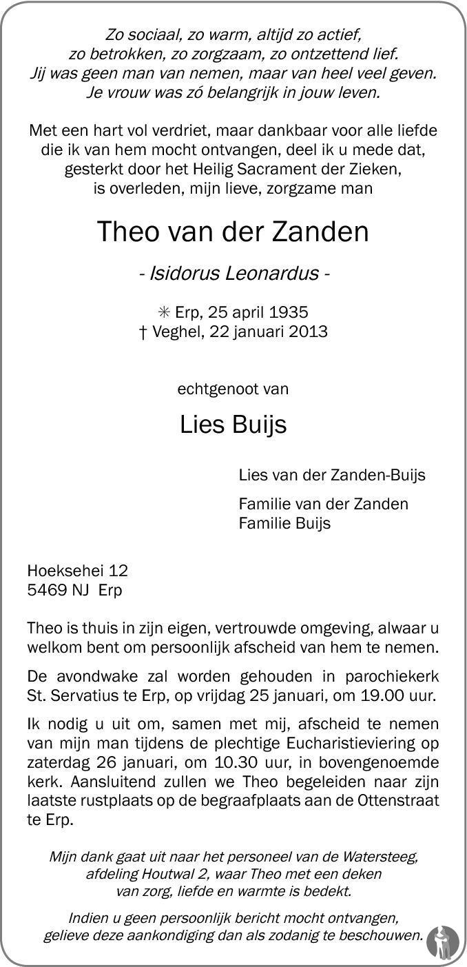 Isidorus Leonardus (Theo) van der Zanden 22-01-2013 overlijdensbericht ...