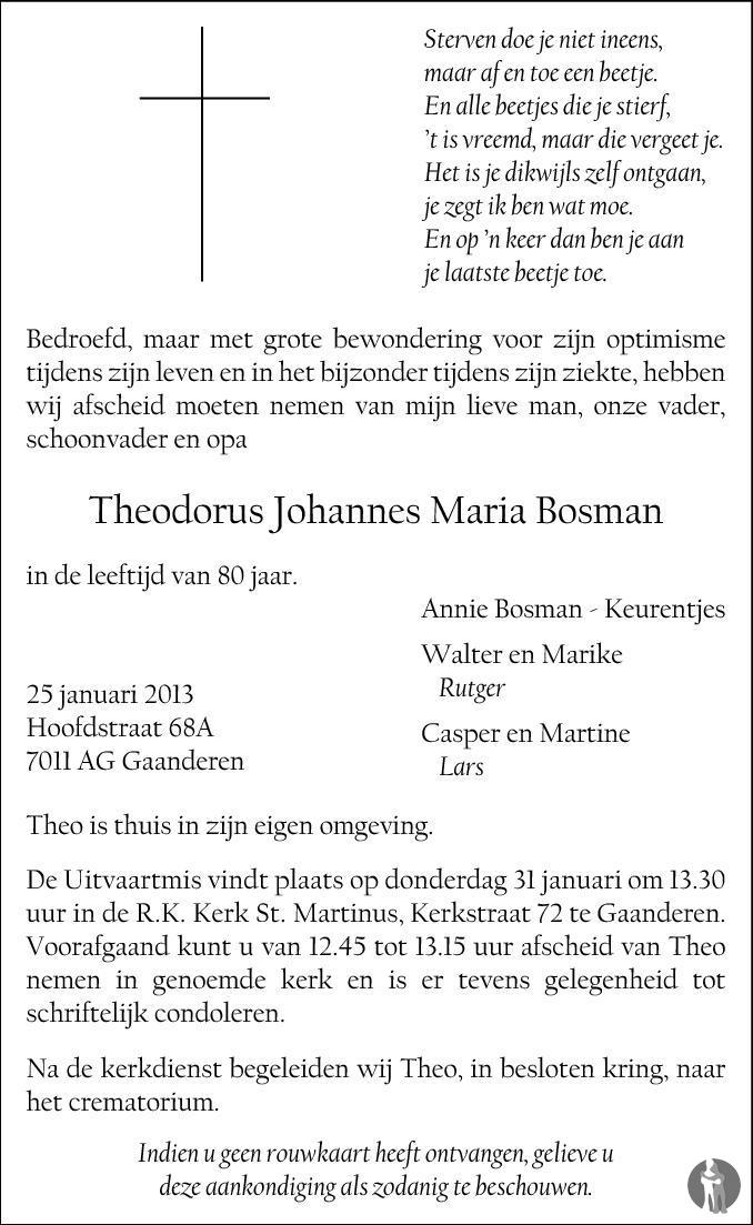 Overlijdensbericht van Theodorus Johannes Maria Bosman in de Gelderlander
