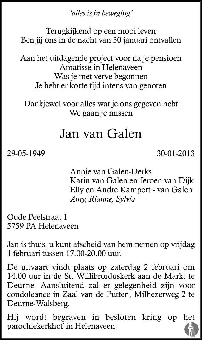 Jan van Galen 30012013 overlijdensbericht en