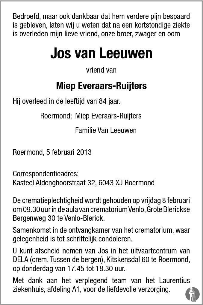 Jos van Leeuwen 05-02-2013 overlijdensbericht en condoleances ...