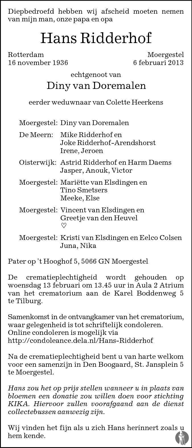 Overlijdensbericht van Hans Ridderhof in Brabants Dagblad