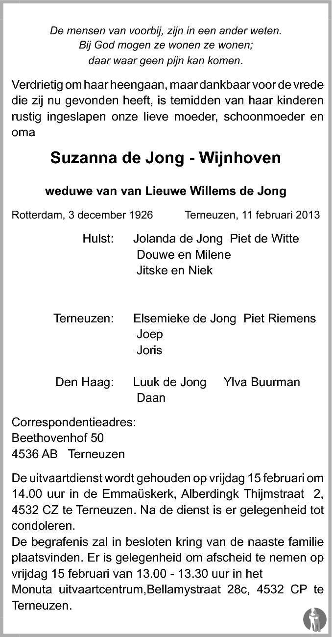 Suzanna de Jong - Wijnhoven 11-02-2013 overlijdensbericht en ...