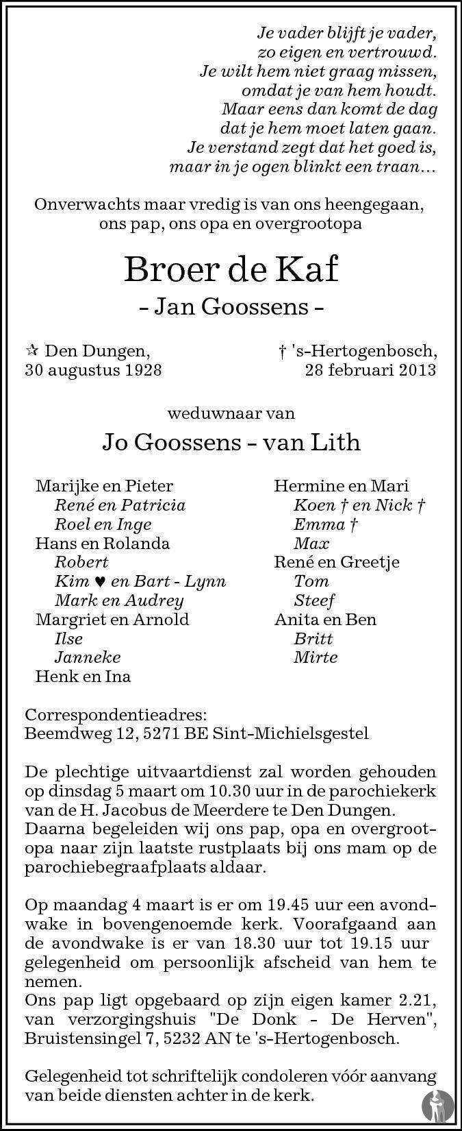 Jan (Broer de Kaf) Goossens 28-02-2013 overlijdensbericht en ...