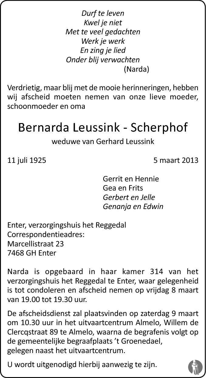 Bernarda Leussink - Scherphof 05-03-2013 overlijdensbericht en ...