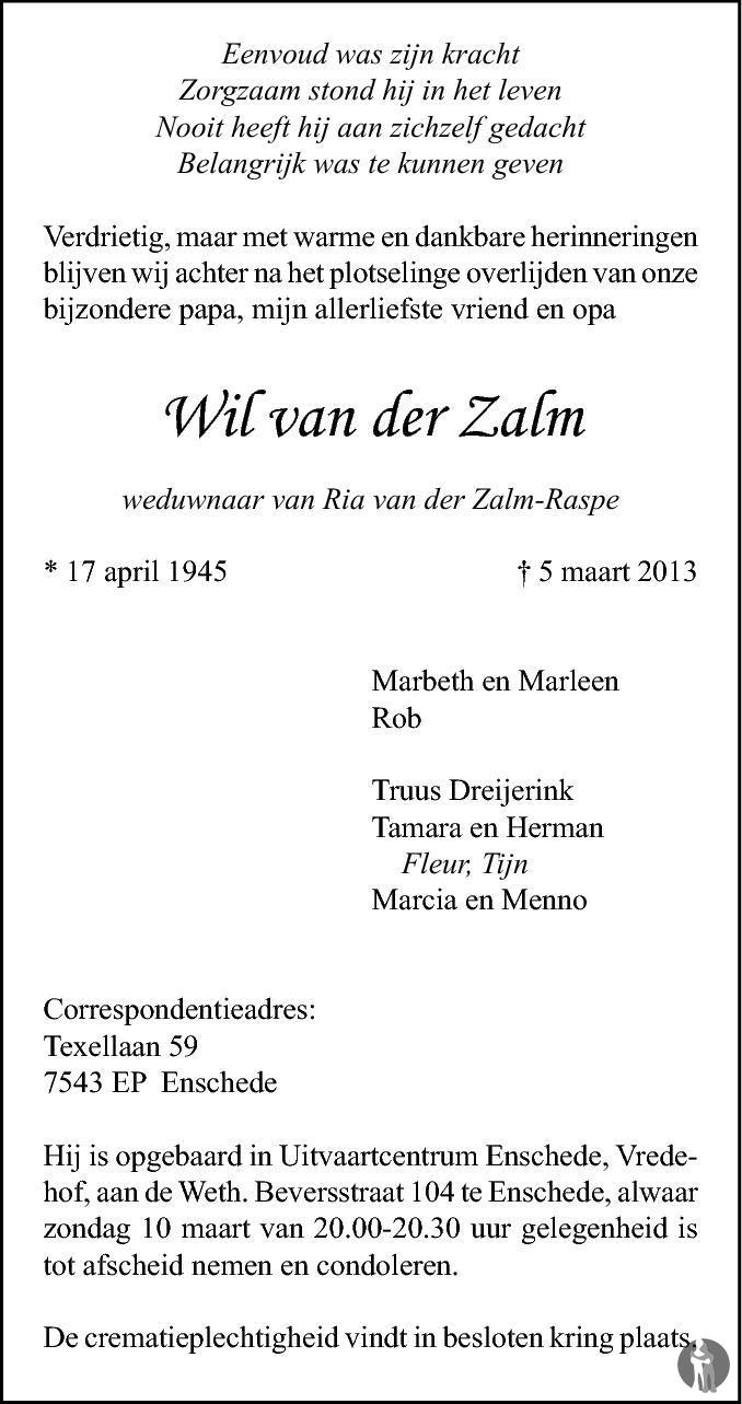 Wil van der Zalm 05-03-2013 overlijdensbericht en condoleances ...