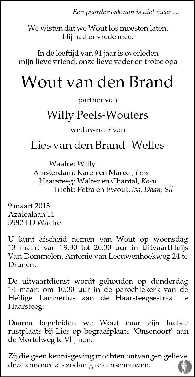 Droogte Poging lint Wout van den Brand ✝ 09-03-2013 overlijdensbericht en condoleances -  Mensenlinq.nl