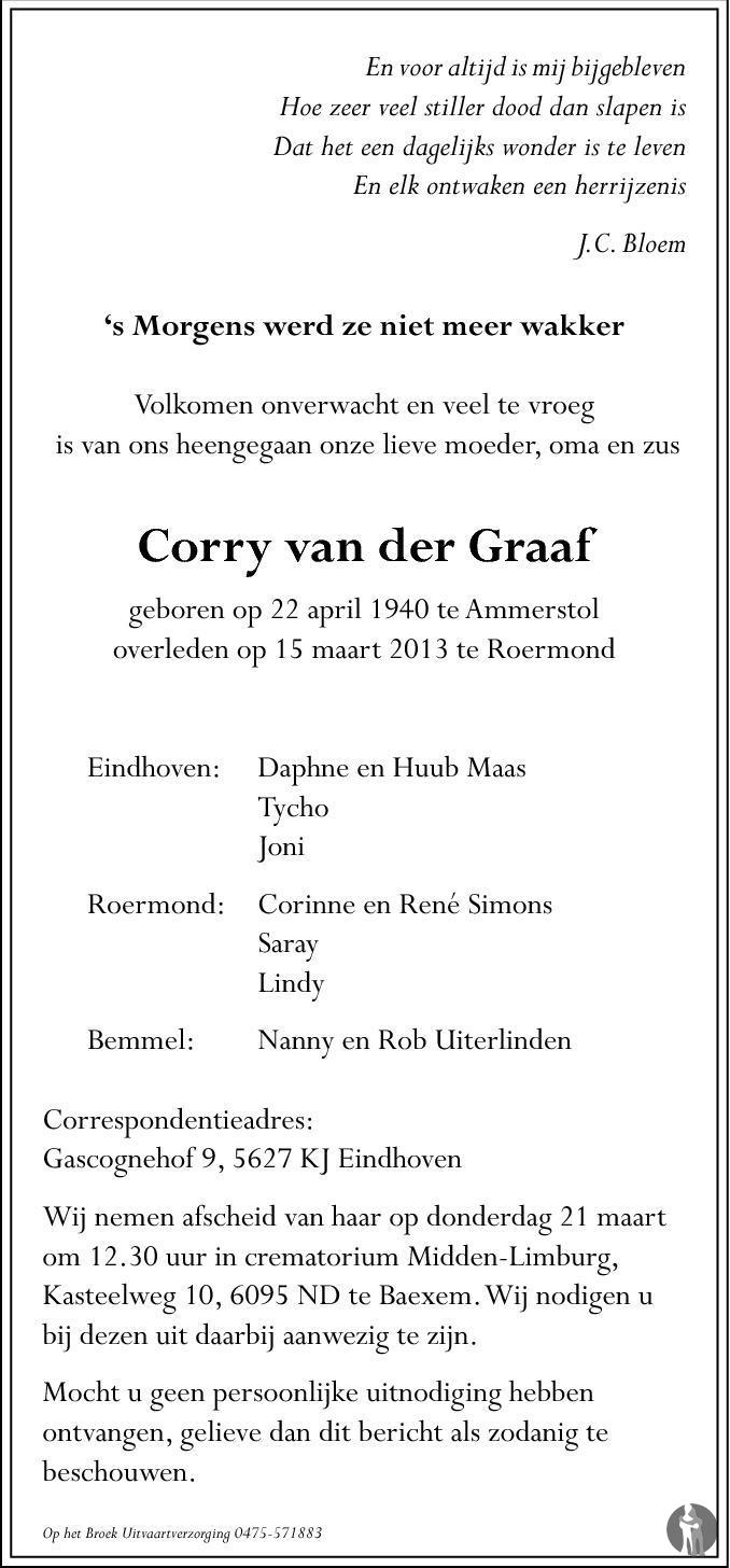 Corry van der Graaf 15-03-2013 overlijdensbericht en condoleances ...