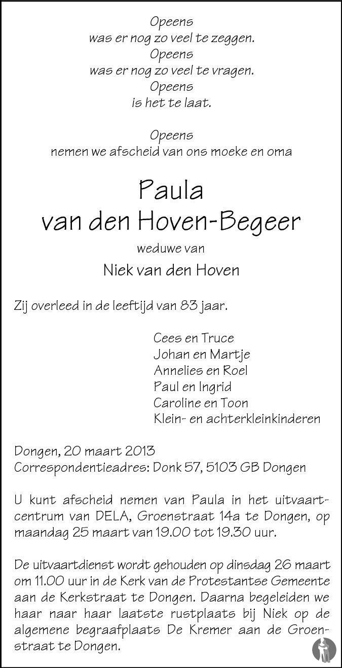 Paula van den Hoven - Begeer 20-03-2013 overlijdensbericht en ...