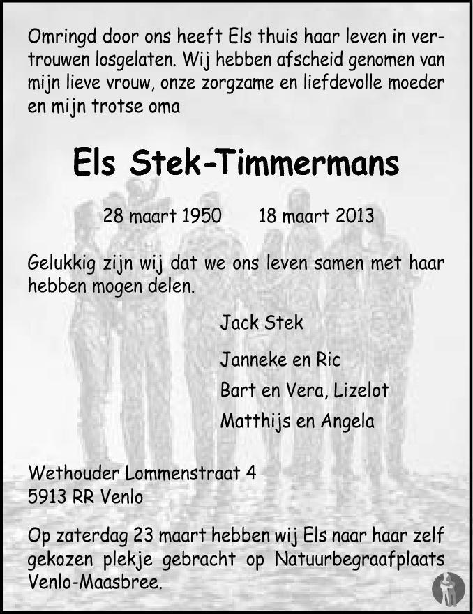 Els Stek Timmermans 18032013 overlijdensbericht en condoleances
