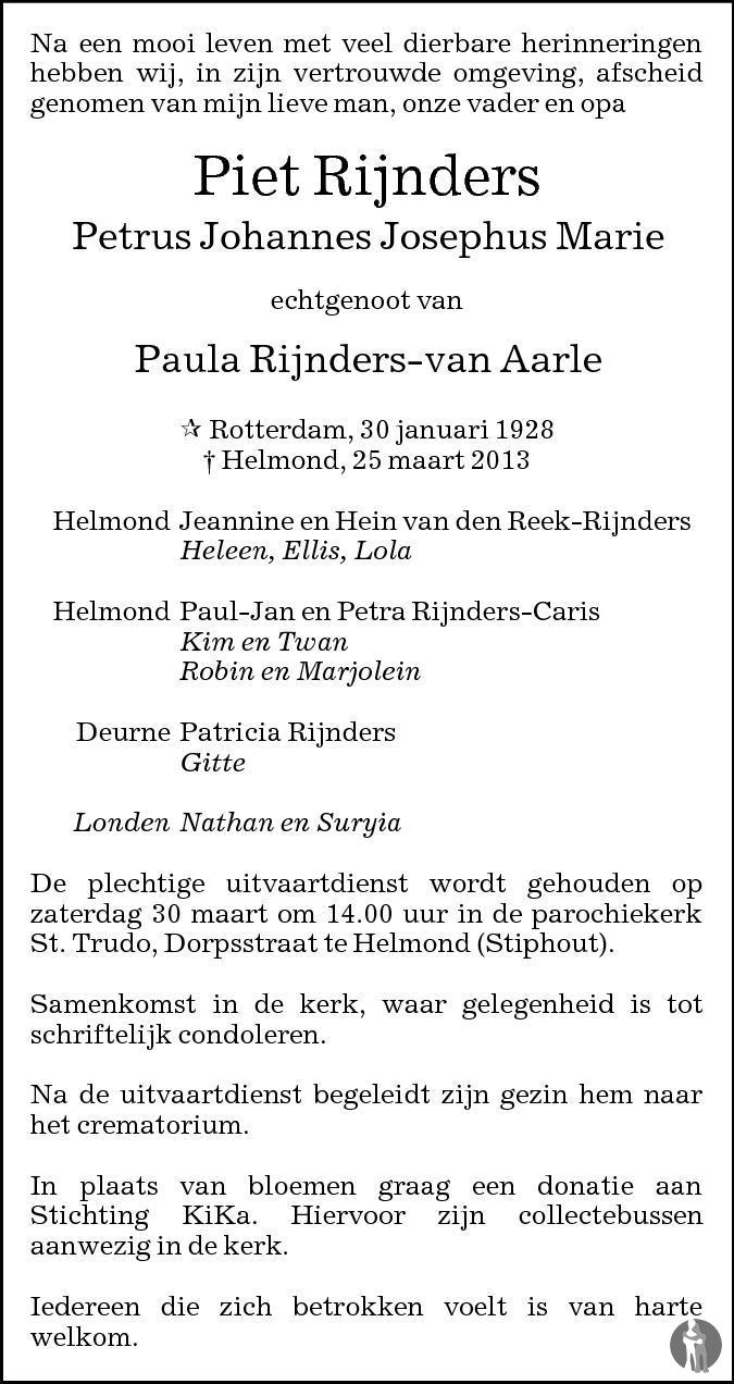 Overlijdensbericht van Petrus Johannes Josephus Marie (Piet) Rijnders in Eindhovens Dagblad