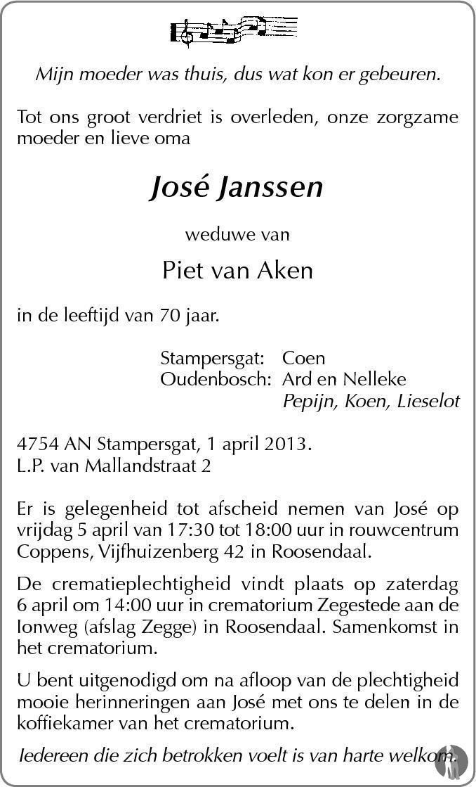 José van Aken - Janssen 01-04-2013 overlijdensbericht en condoleances ...