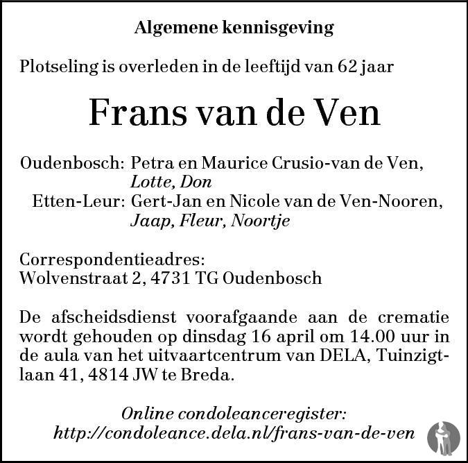 Frans van de Ven 11042013 overlijdensbericht