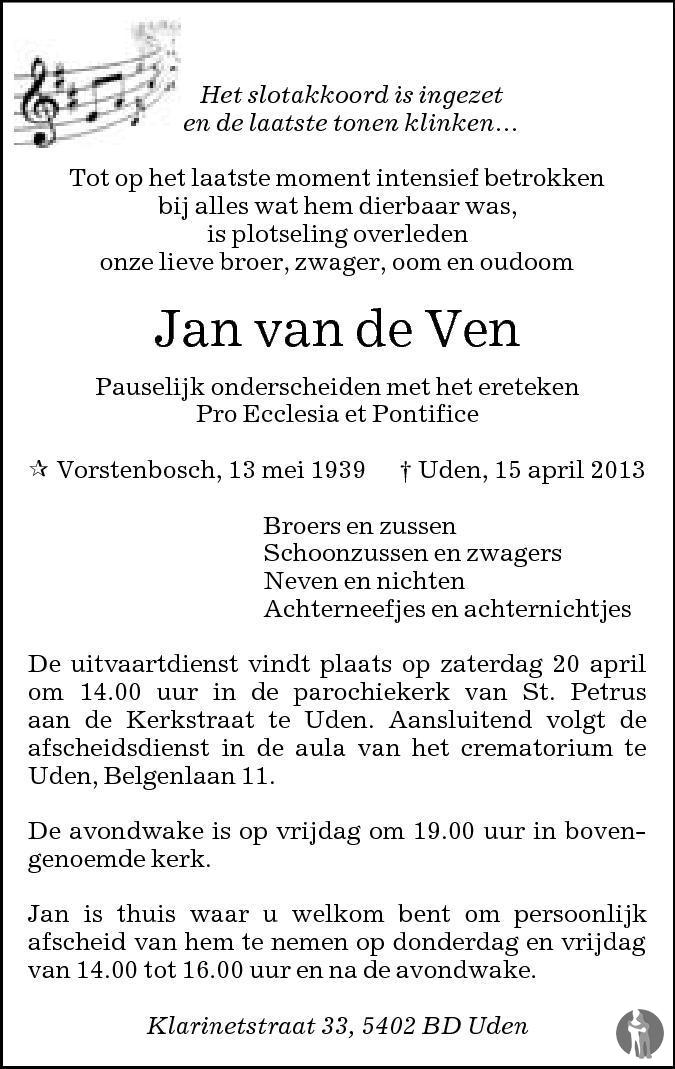 Jan van de Ven 15-04-2013 overlijdensbericht en condoleances ...