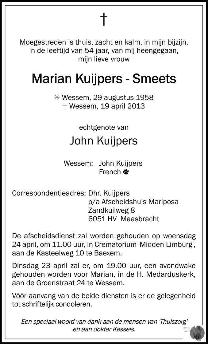 Marian Kuijpers - Smeets 19-04-2013 Overlijdensbericht En Condoleances ...