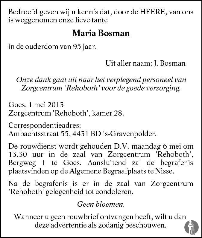 Overlijdensbericht van Maria Bosman in PZC Provinciale Zeeuwse Courant