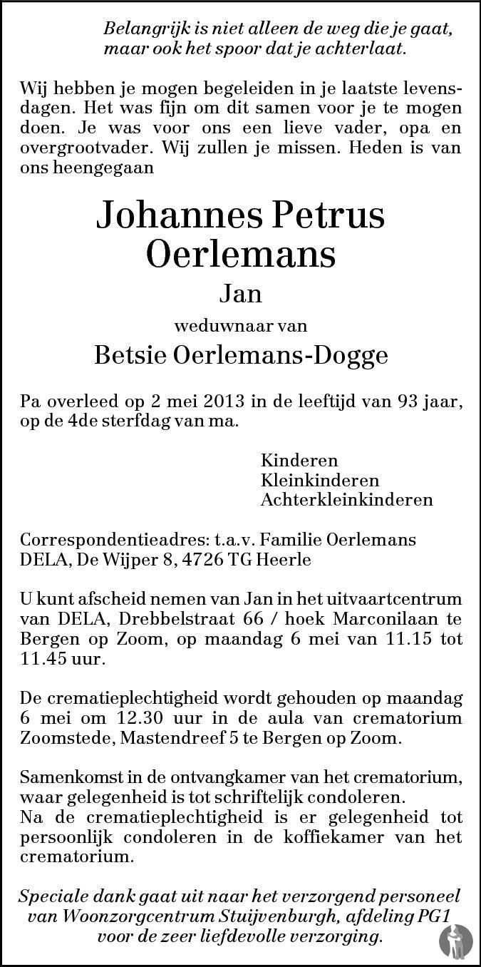 Johannes Petrus Jan Oerlemans Overlijdensbericht En Condoleances Mensenlinq Nl