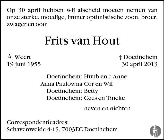 Frits van Hout 30042013 overlijdensbericht en condoleances