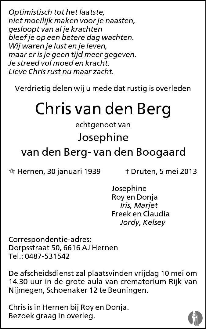 Chris van den Berg 05-05-2013 overlijdensbericht en condoleances ...