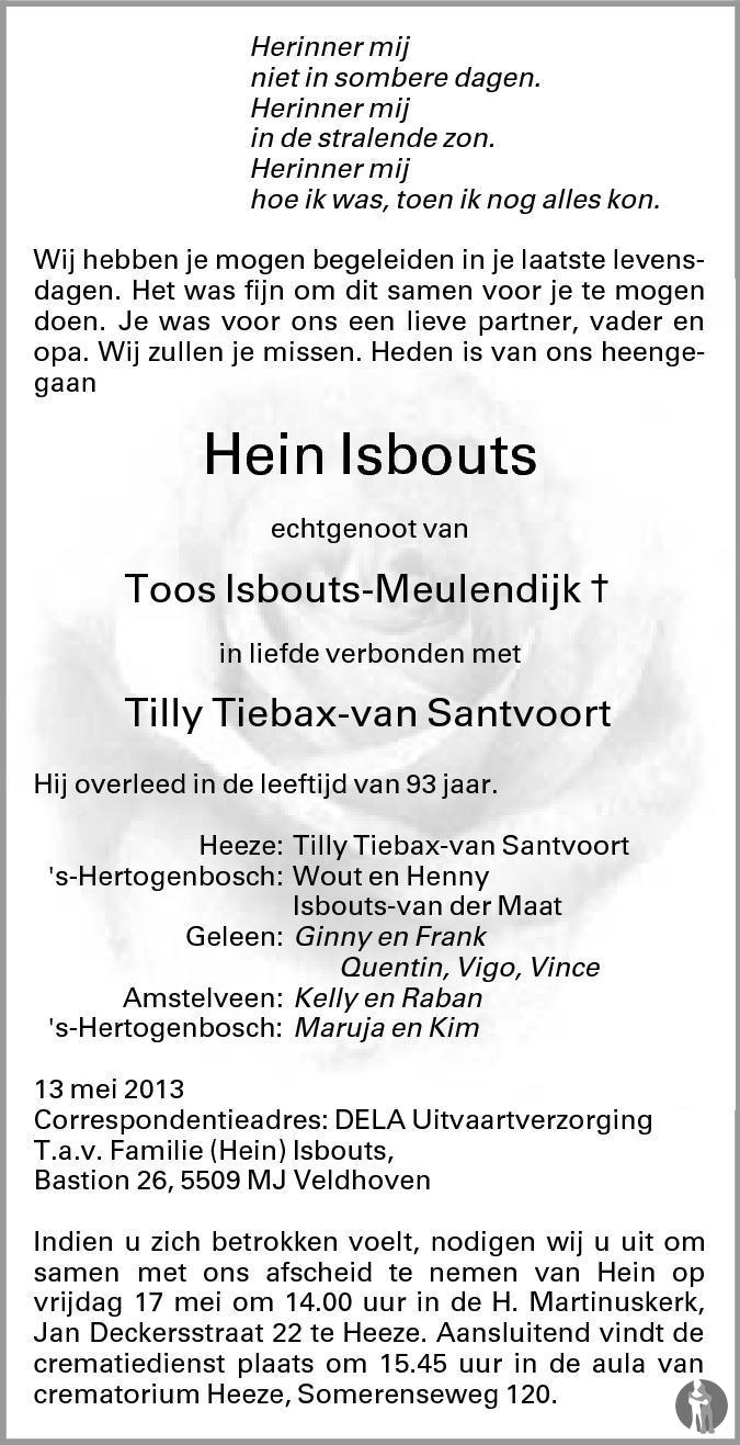 Hein Isbouts 13-05-2013 overlijdensbericht en condoleances - Mensenlinq.nl