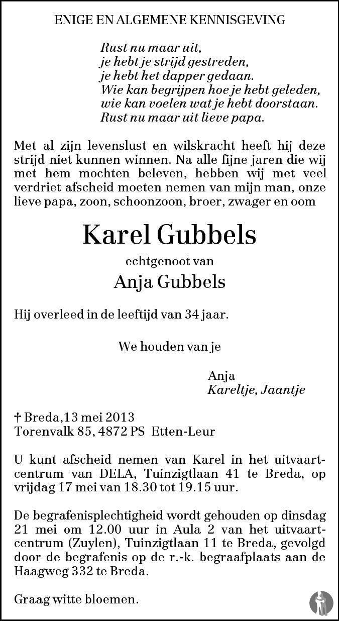 Karel Gubbels 13052013 overlijdensbericht en condoleances Mensenlinq.nl